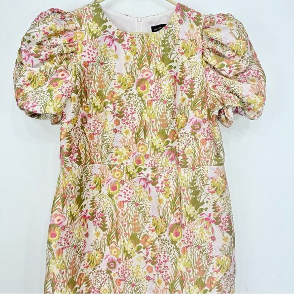 Clover and Sloane Pink Green Floral Print Jacquard Puff Sleeve Sheath Mini Dress - Picture 6 of 16